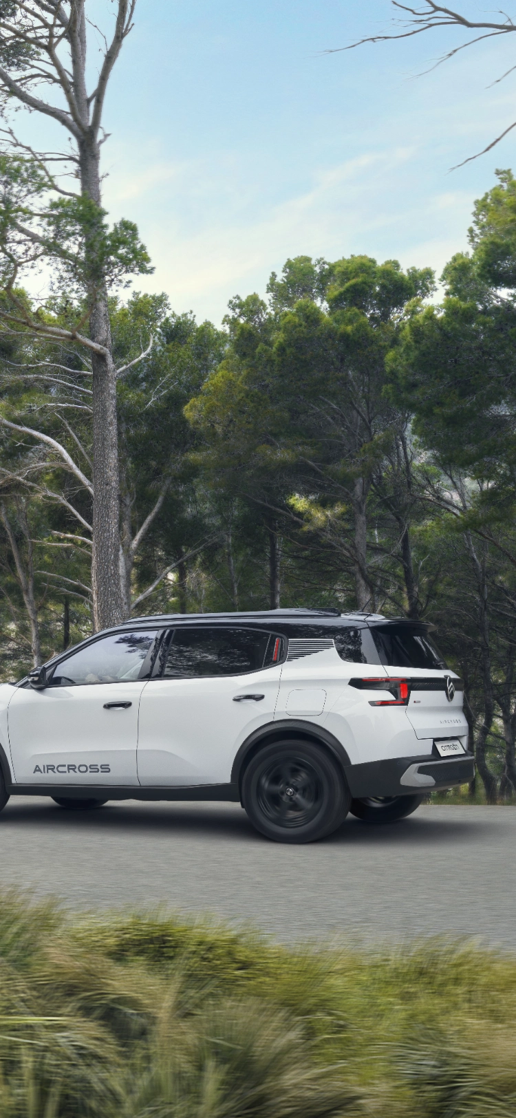 Heck-Dreiviertel-Fahransicht des Citroën C3 Aircross SUV auf einem Waldweg mit robuster Leistung für selbstbewusste, vielseitige und erschwingliche Mobilität.
