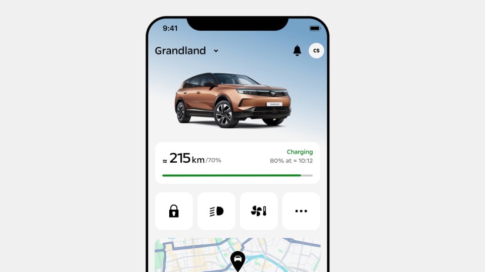 Ein Screenshot aus der MyOpel App mit einem Bild des Opel Grandland und einer Karte.