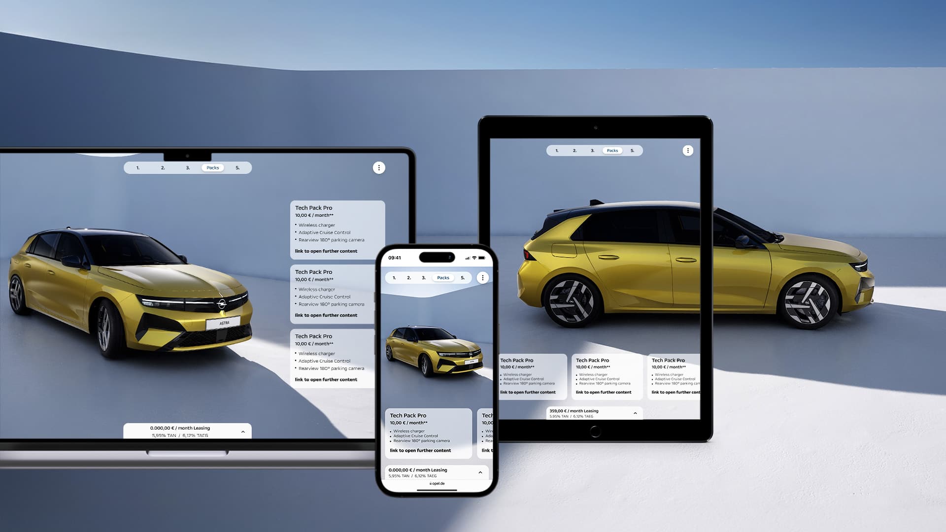 Vista da Macbook, Iphone e Ipad della schermata di configurazione online di Opel Astra gialla