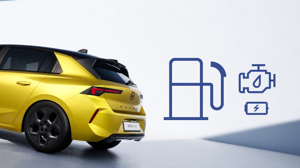 Vista posteriore della versione ibrida di Opel Astra in giallo